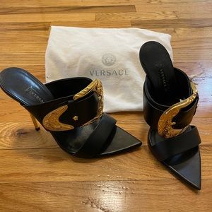 Authentic VERSACE Pointed Logo-Plaque Buckled Mule Sandals - Black (Size 36)
